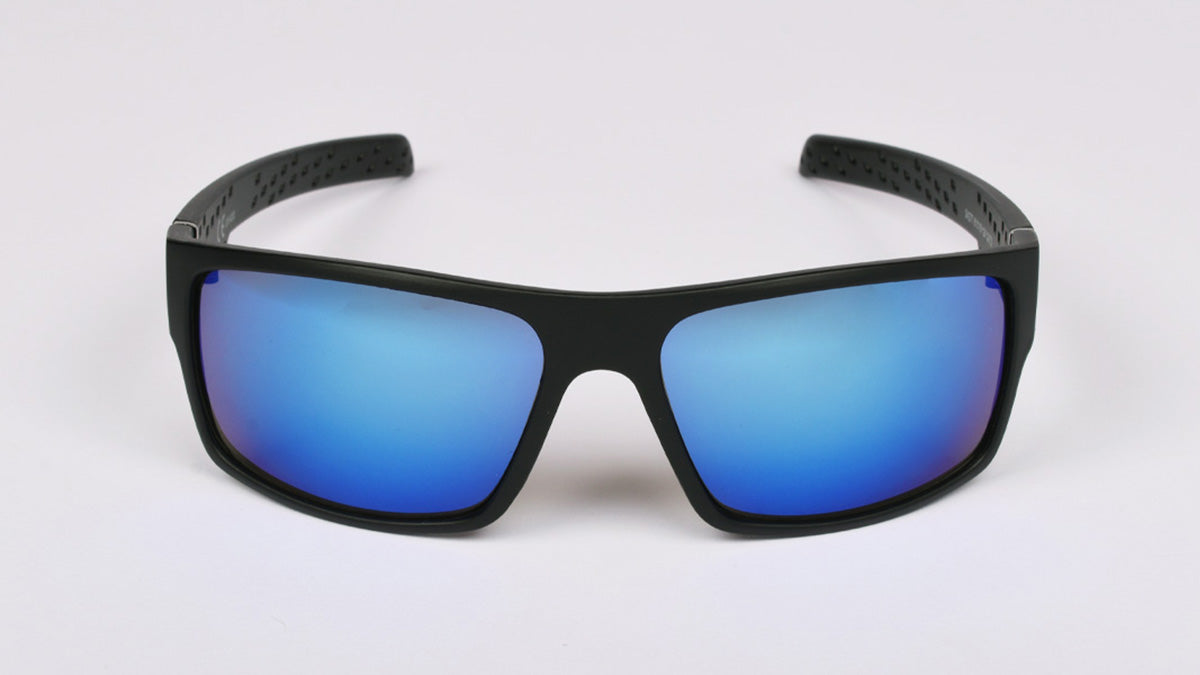 muške, crne, sportske sunčane naočale pravokutnog oblika s plavom lećom
