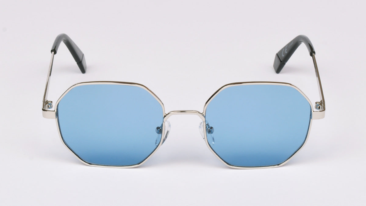 metalne okrugle višekutne sunčane naočale s plavom lećom